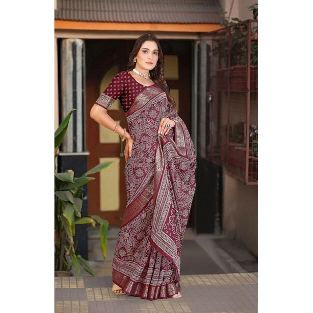 Maroon floral printed cotton silk saree with unstitched blouse (5.5mtr), women's fashion accessory on mannequin