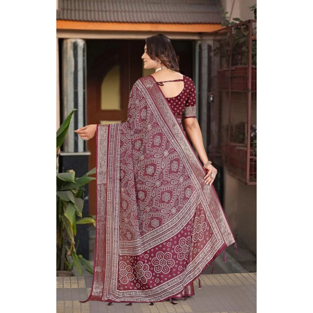 Maroon cotton silk floral printed saree with unstitched blouse, vibrant patterns showcased on model