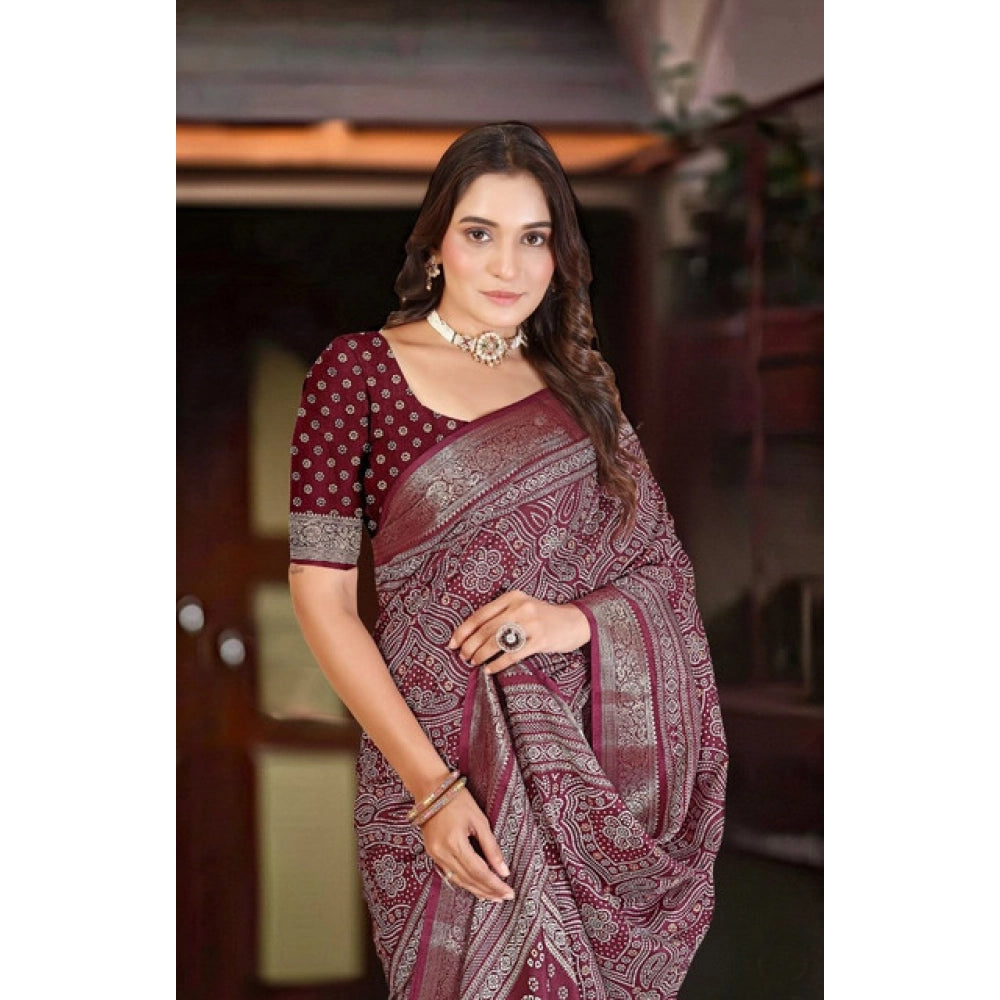 Maroon cotton silk floral printed saree with unstitched blouse, vibrant floral pattern on 5.5Mtr fabric