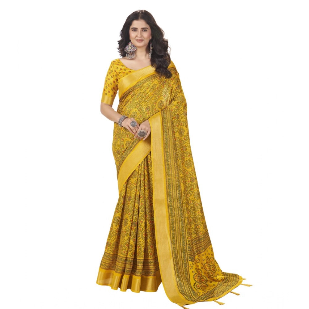 Yellow cotton silk floral printed saree with unstitched blouse (5.5Mtr)