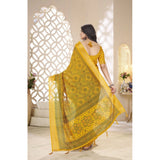 Yellow cotton silk floral printed saree with unstitched blouse, 5.5Mtr length
