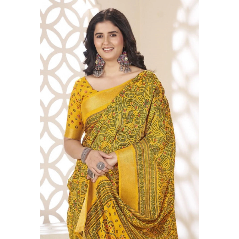 Yellow cotton silk floral printed saree with unstitched blouse, 5.5mtr - vibrant Indian traditional wear for women