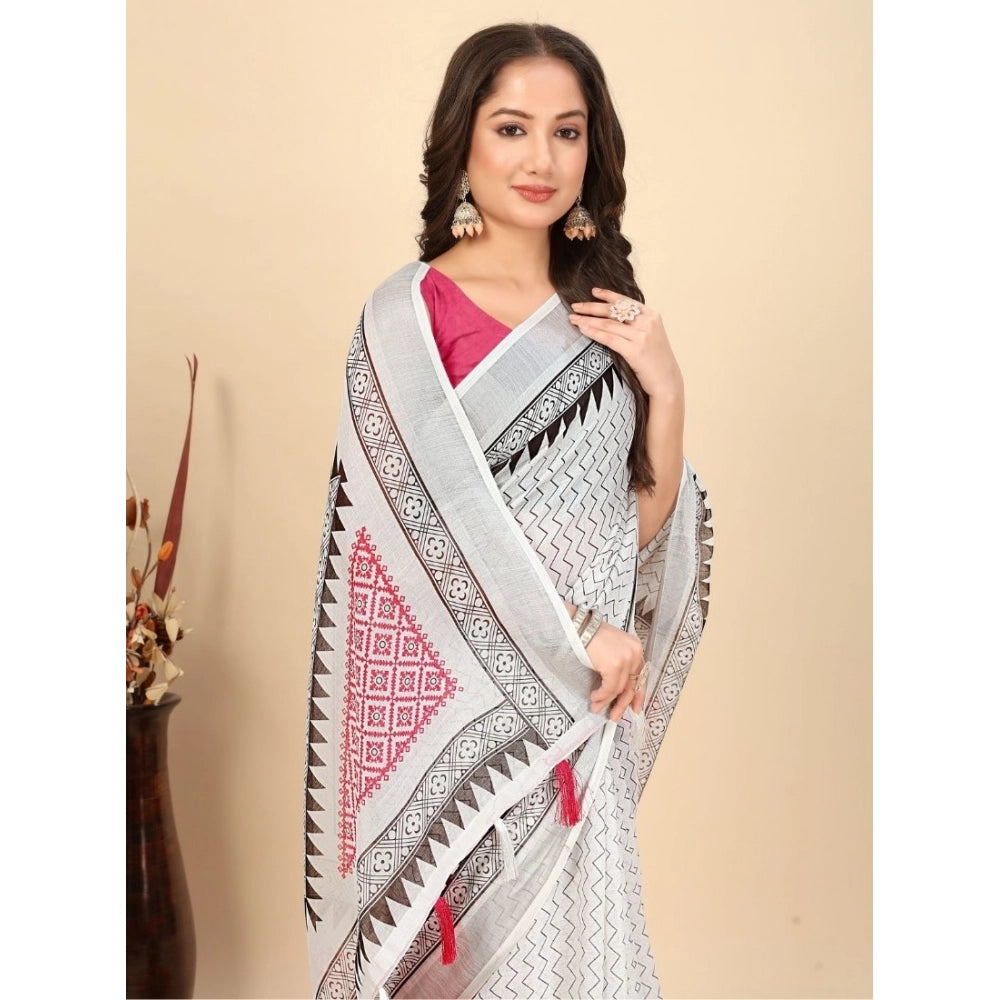 Multicolor linen printed saree with unstitched blouse (5.5mtr), features vibrant traditional Indian design