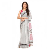 Multicolor linen printed saree with unstitched blouse (5.5Mtr), vibrant ethnic wear for women on display