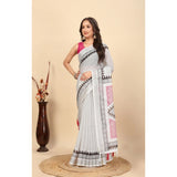 Multi-colored linen printed saree with unstitched blouse, vibrant Indian women's fashion accessory
