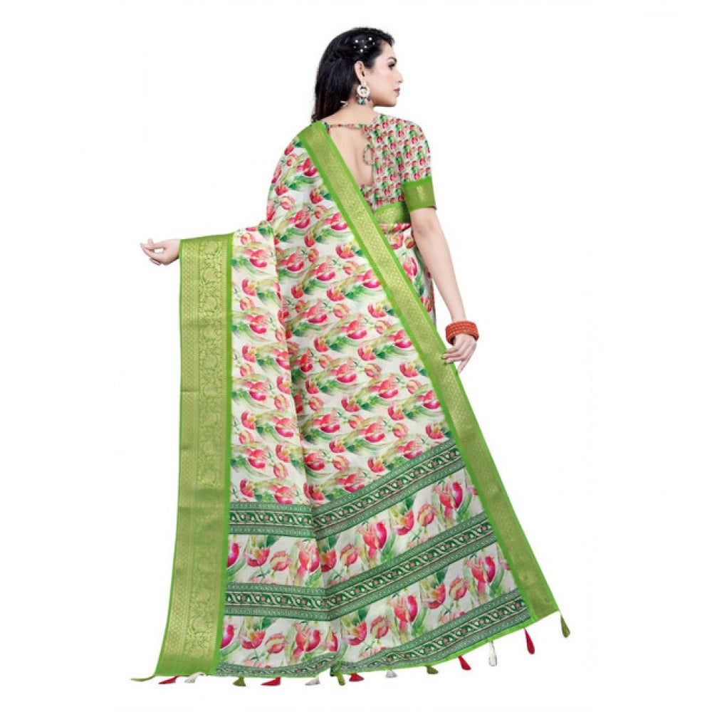Green-white cotton silk floral printed saree with unstitched blouse, vibrant flower patterns on traditional Indian wear
