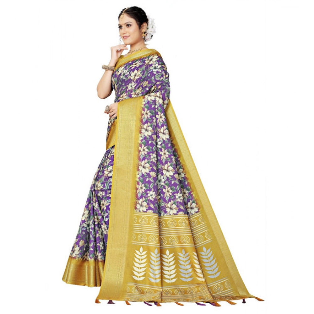 Purple cotton silk floral printed saree with unstitched blouse, 5.5Mtr. Close-up of vibrant floral design