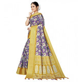 Purple cotton silk floral printed saree with unstitched blouse, 5.5Mtr. Close-up of vibrant floral design