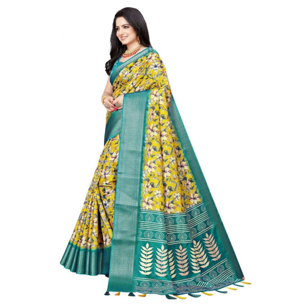 Yellow cotton silk floral printed saree with unstitched blouse (5.5mtr), traditional Indian wear accessory