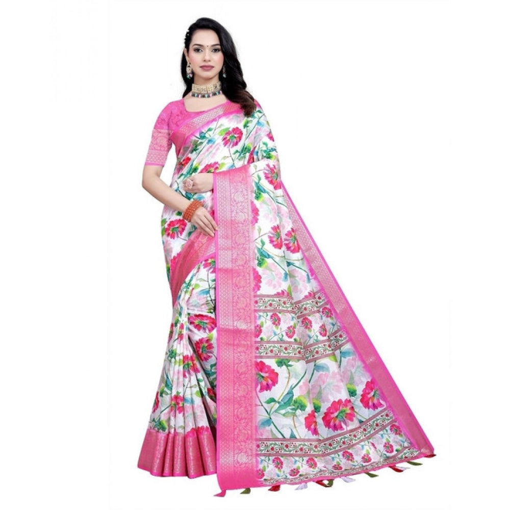 Pink-White cotton silk floral printed saree with unstitched blouse, 5.5mtr length on display