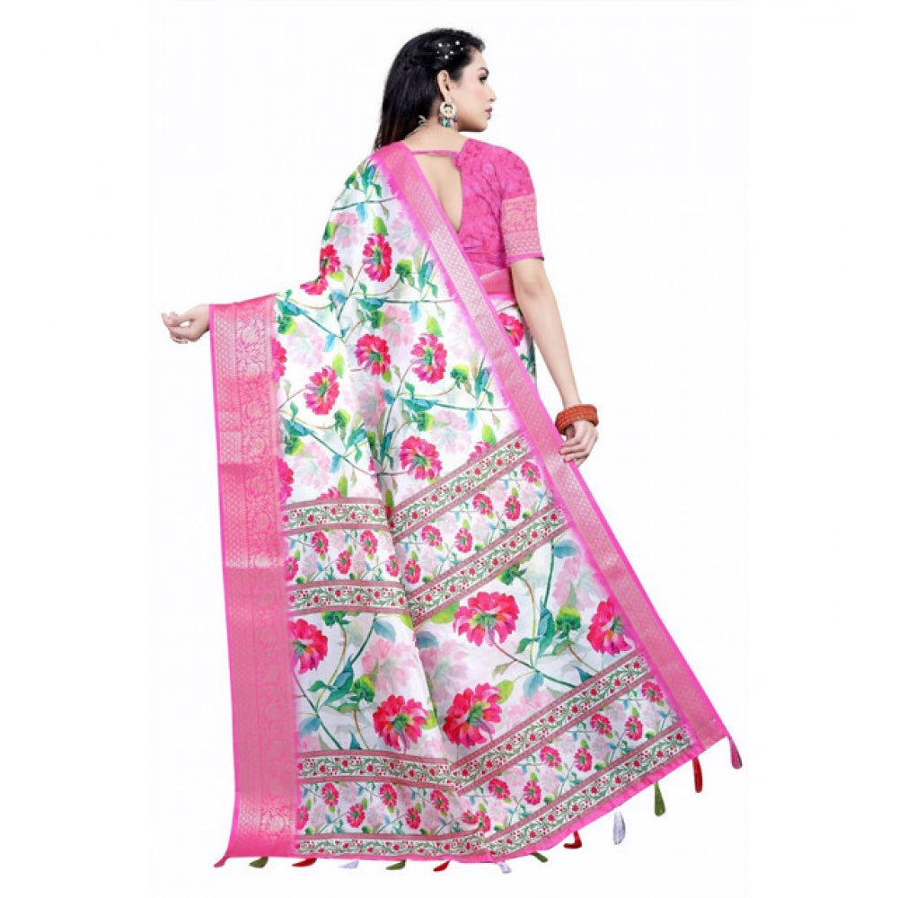 Pink-white cotton silk floral printed saree with unstitched blouse, vibrant floral patterns on Indian women's fashion