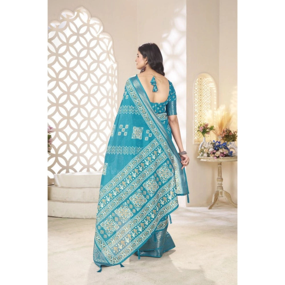 Teal cotton silk printed saree with unstitched blouse (5.5Mtr), traditional Indian attire on display