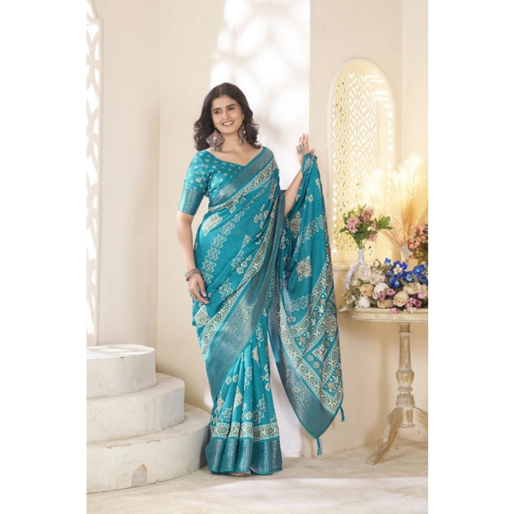 Teal cotton silk printed saree with unstitched blouse (5.5Mtr), traditional Indian women's apparel on mannequin