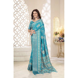 Teal cotton silk printed saree with unstitched blouse (5.5mtr), vibrant pattern on Indian women's traditional wear