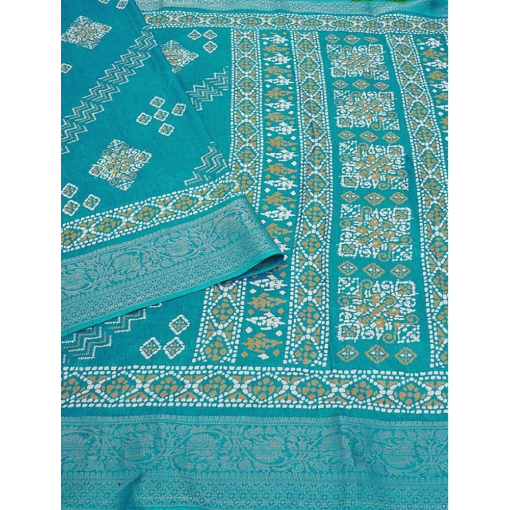 Teal cotton silk printed saree with unstitched blouse (5.5Mtr), authentic Indian women's fashion accessory