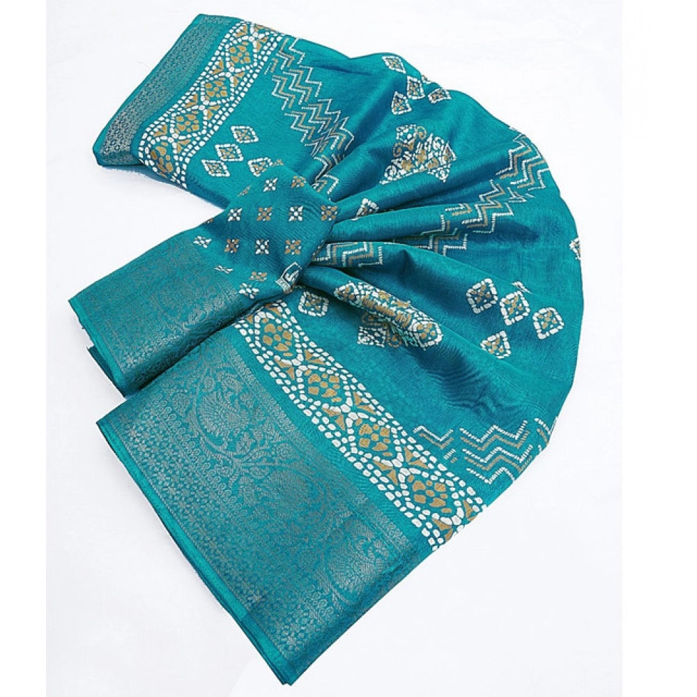 Teal cotton silk printed saree with unstitched blouse (5.5mtr) - vibrant, elegant Indian women's wear