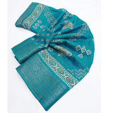 Teal cotton silk printed saree with unstitched blouse (5.5mtr) - vibrant, elegant Indian women's wear