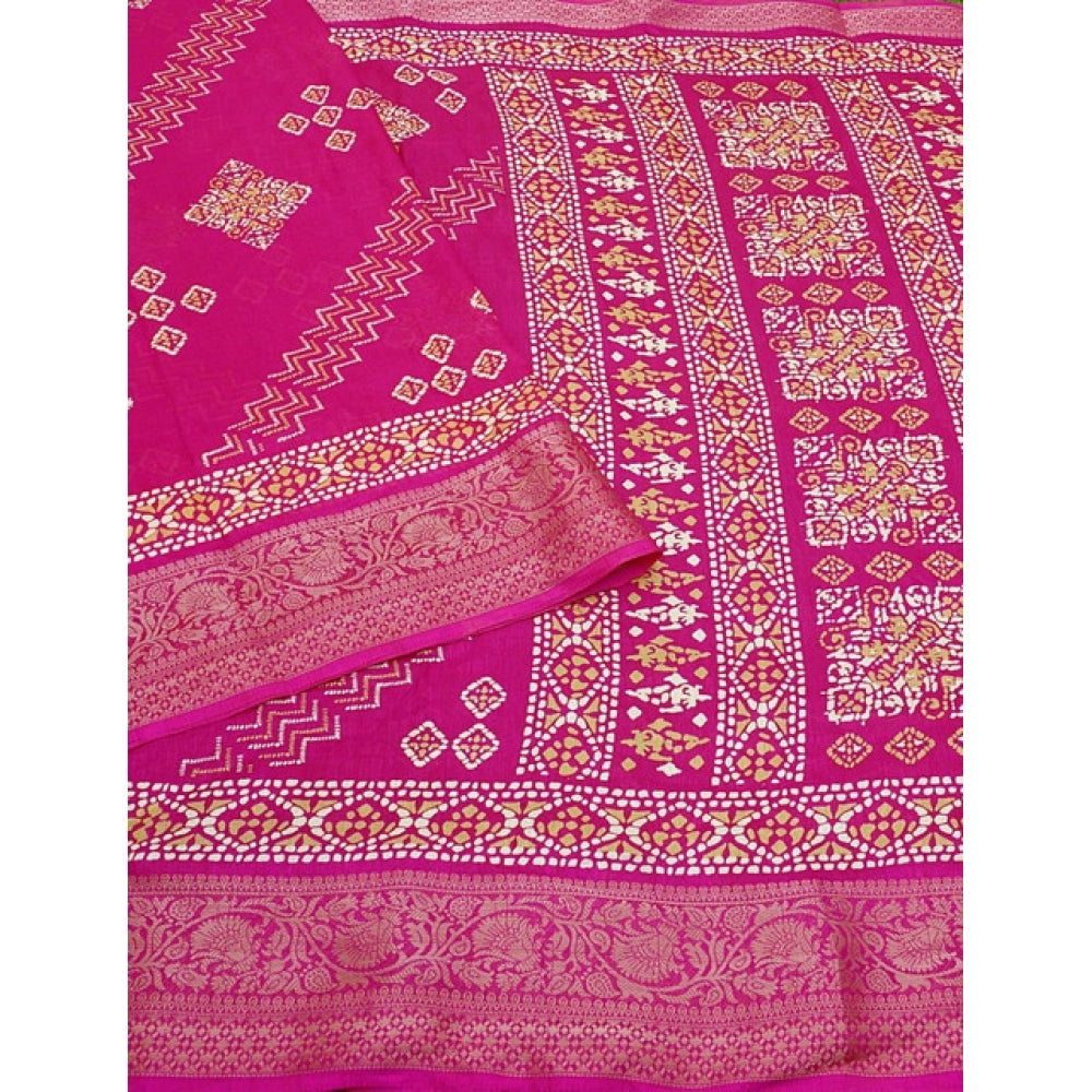Pink cotton silk printed saree with unstitched blouse (5.5Mtr), traditional Indian attire on mannequin