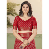 Red cotton silk printed saree with unstitched blouse, vibrant design for traditional Indian wear