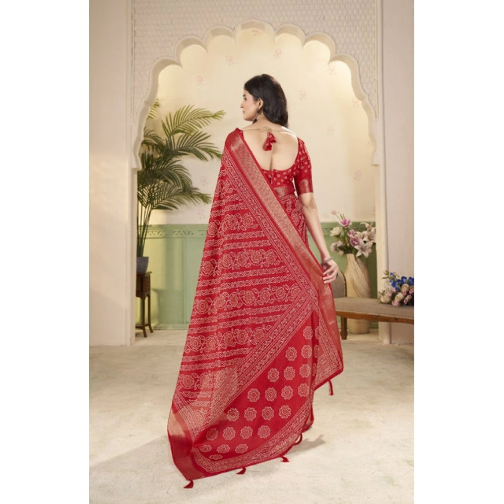 Red cotton silk printed saree with unstitched blouse, vibrant pattern on 5.5mtr fabric