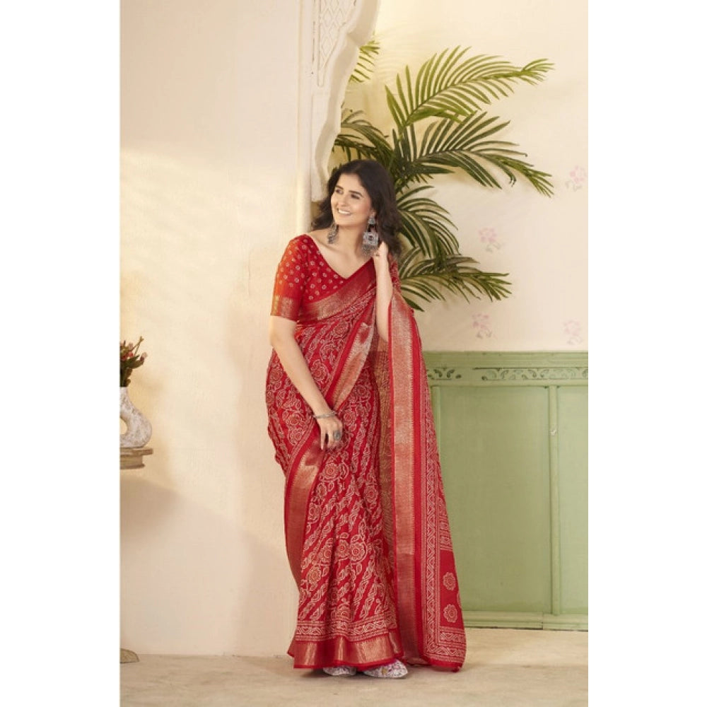 Red cotton silk printed saree with unstitched blouse (5.5Mtr), luxury Indian women's fashion wear