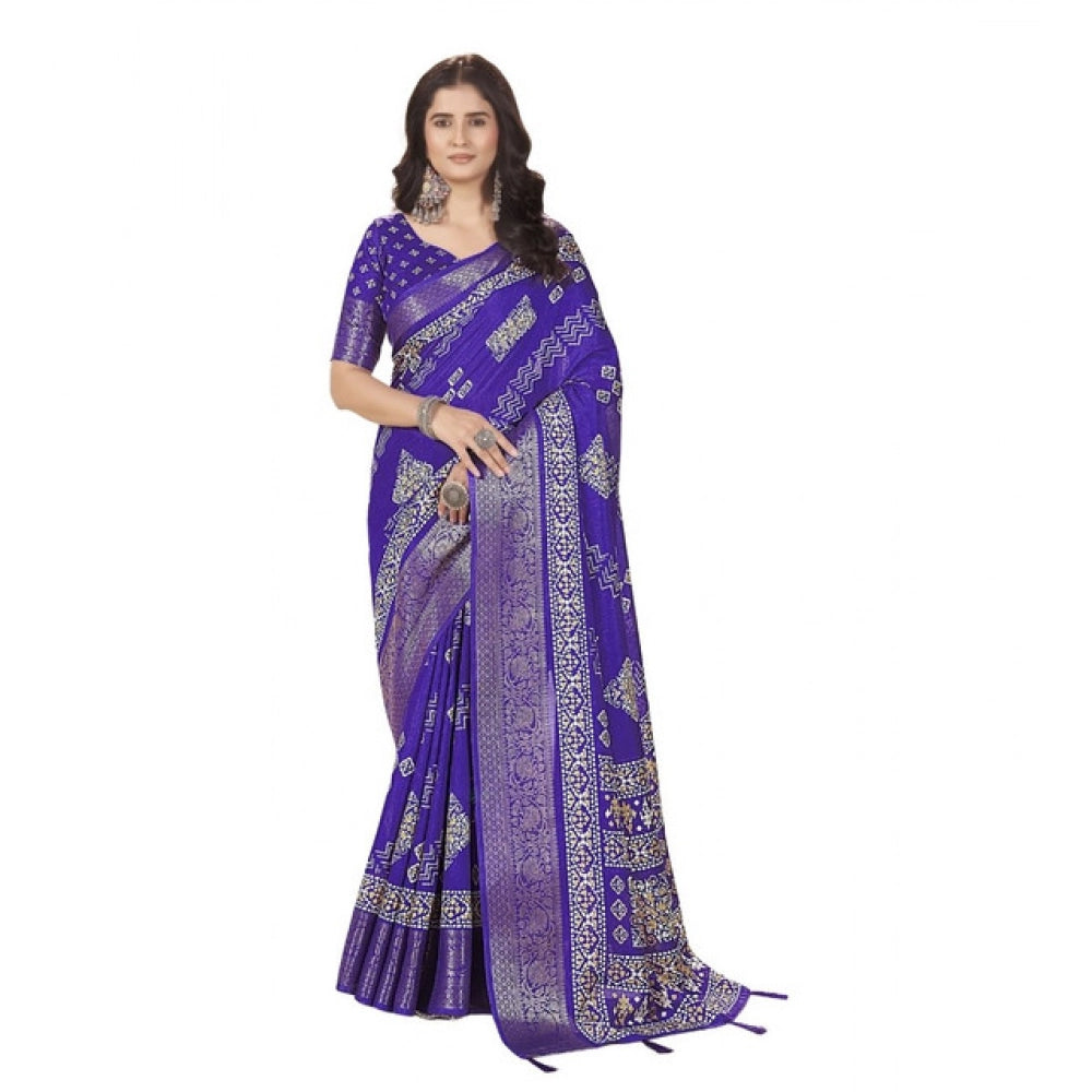 Royal Blue cotton silk printed saree with unstitched blouse, vibrant design for women's fashion accessories