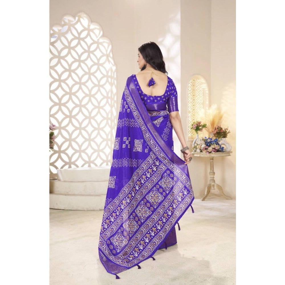 Royal Blue cotton silk printed saree with unstitched blouse, vibrant Indian women's attire on mannequin
