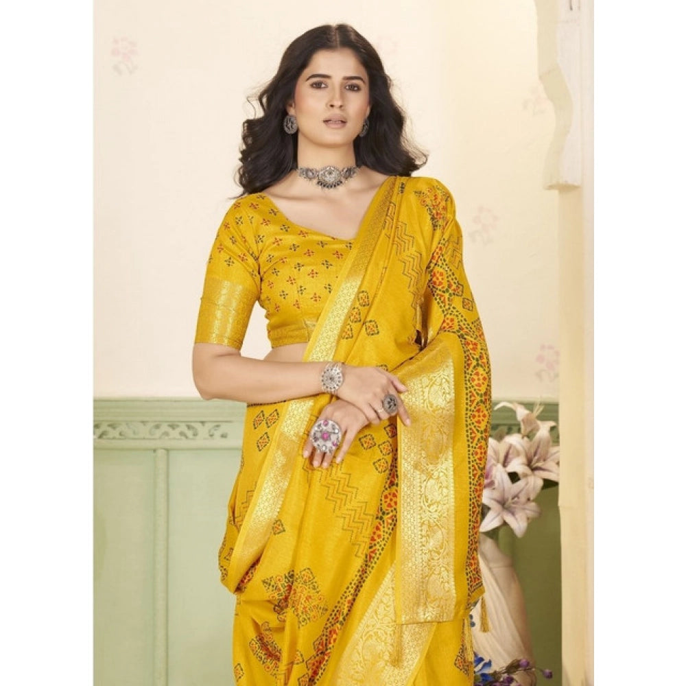 Yellow cotton silk printed saree with unstitched blouse (5.5mtr)