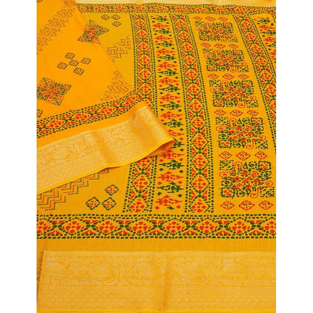 Yellow cotton silk printed saree with unstitched blouse (5.5Mtr), classic Indian women's fashion wear