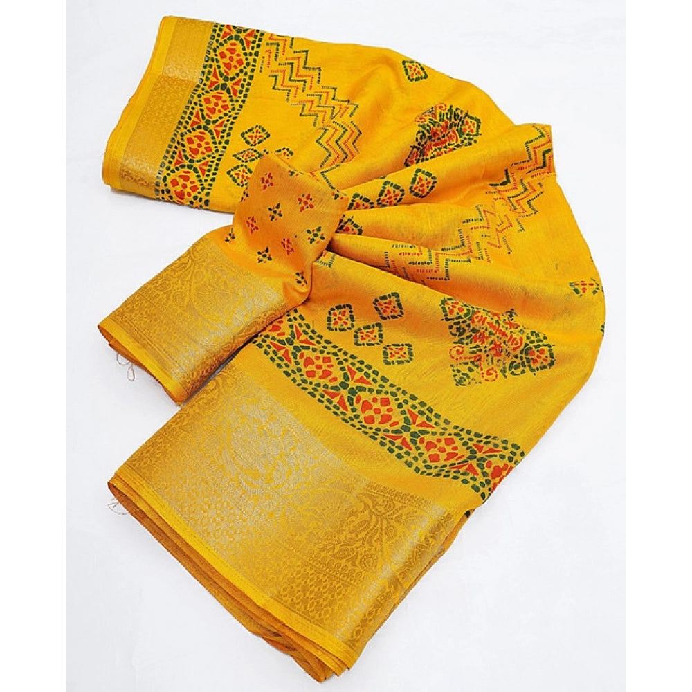 Yellow cotton silk printed saree with unstitched blouse (5.5Mtr)