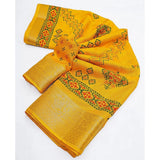 Yellow cotton silk printed saree with unstitched blouse (5.5Mtr)