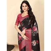 Black cotton silk floral printed saree with unstitched blouse, vibrant blooms on flowing fabric