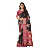 Black cotton silk floral printed saree with unstitched blouse (5.5Mtr)