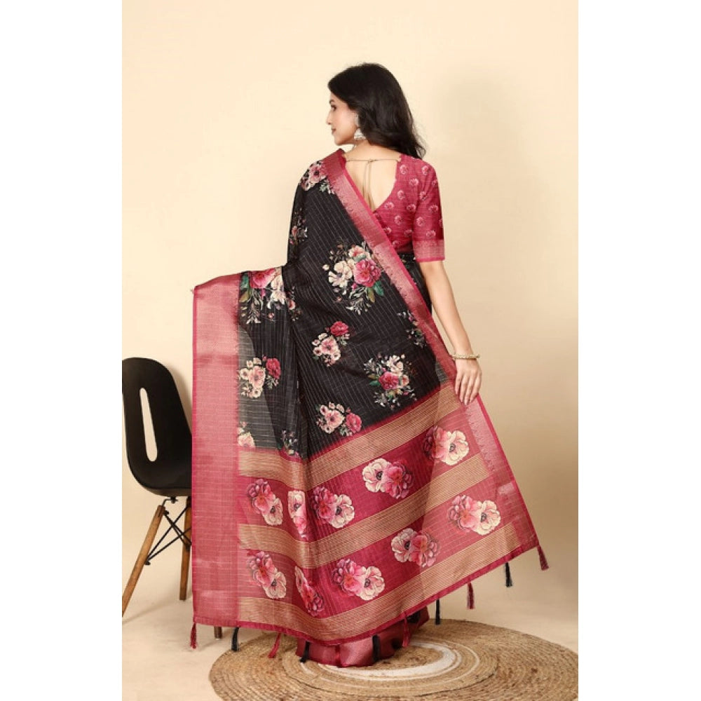 Black cotton silk floral printed saree with unstitched blouse, vibrant floral design on display