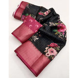 Black cotton silk floral printed saree with unstitched blouse (5.5Mtr), elegant women's ethnic wear on display