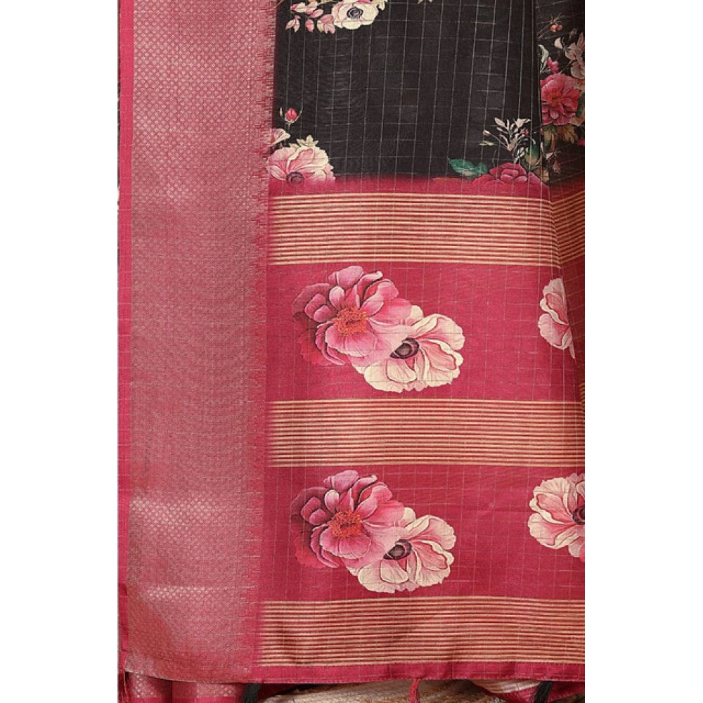Black cotton silk floral printed saree with unstitched blouse (5.5Mtr)