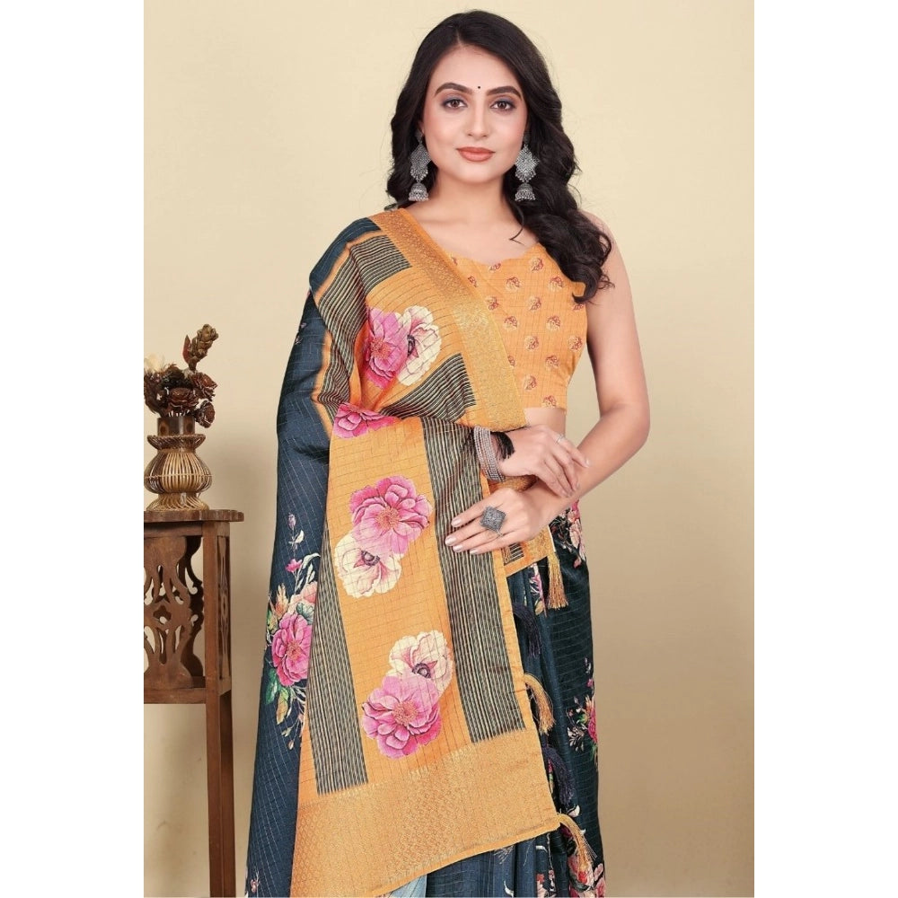 Blue cotton silk floral printed saree with unstitched blouse, vibrant blooms on a 5.5m drape for women's traditional Indian wear