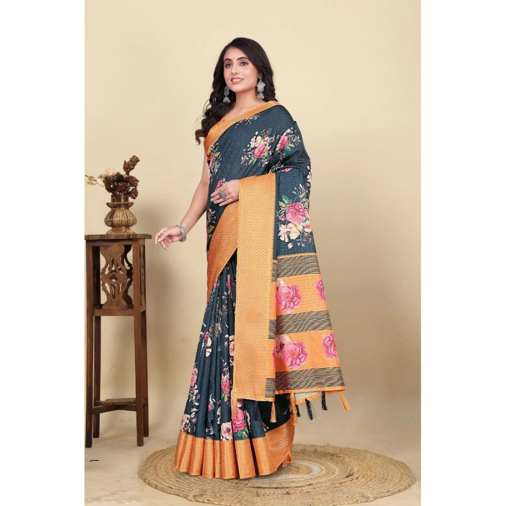 Blue cotton silk floral printed saree with unstitched blouse, 5.5mtr length for women's traditional Indian wear