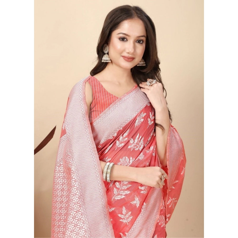 Peach art silk jacquard printed saree with unstitched blouse (5.5mtr), intricate floral design on display