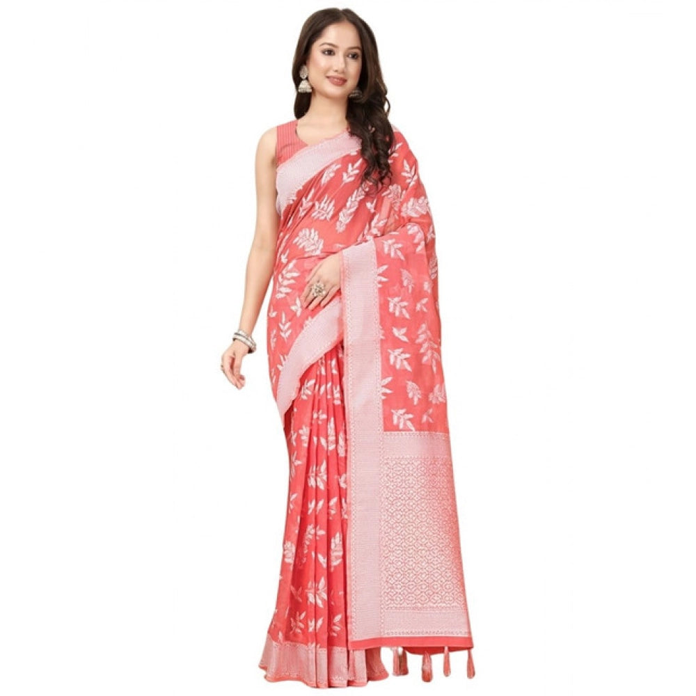 Art silk peach jacquard printed saree with unstitched blouse, vibrant Indian fashion piece on model