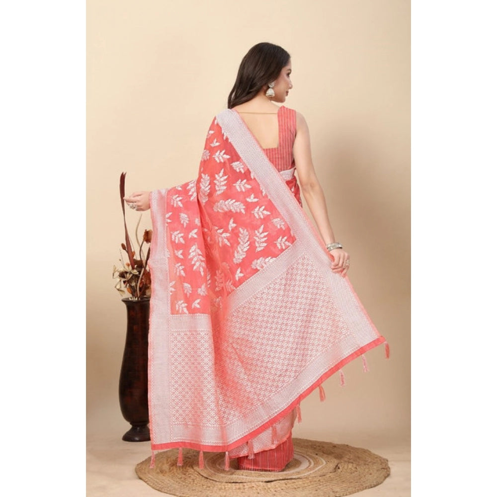 Art silk peach jacquard printed saree with unstitched blouse, 5.5mtr length