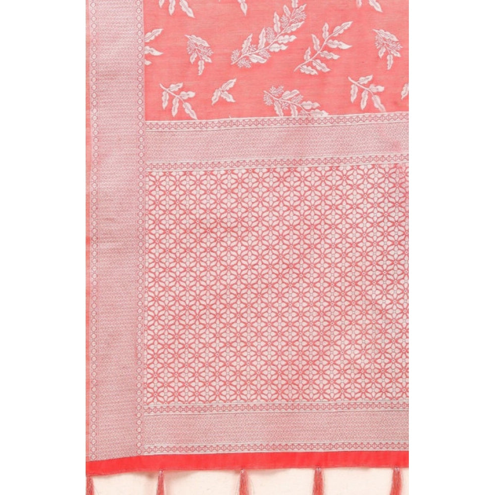 Peach art silk jacquard printed saree with unstitched blouse (5.5Mtr), vibrant peach floral design on display