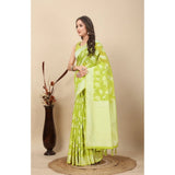 Light green art silk jacquard printed saree with unstitched blouse, vibrant traditional Indian attire on mannequin