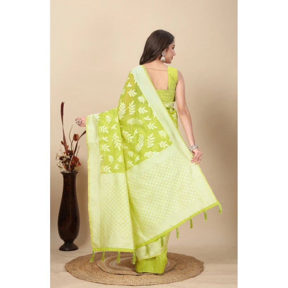Light green art silk jacquard printed saree with unstitched blouse, vibrant traditional Indian wear on mannequin