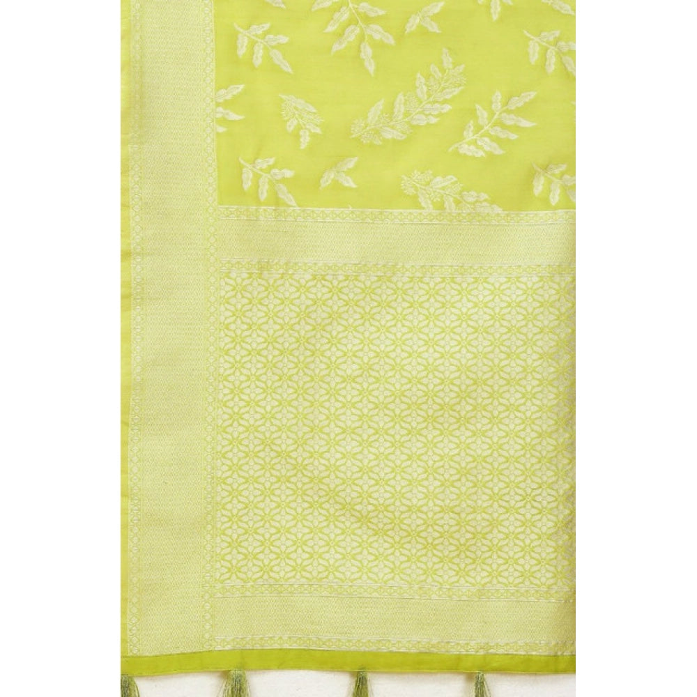 Light green art silk jacquard printed saree with unstitched blouse, 5.5Mtr on model
