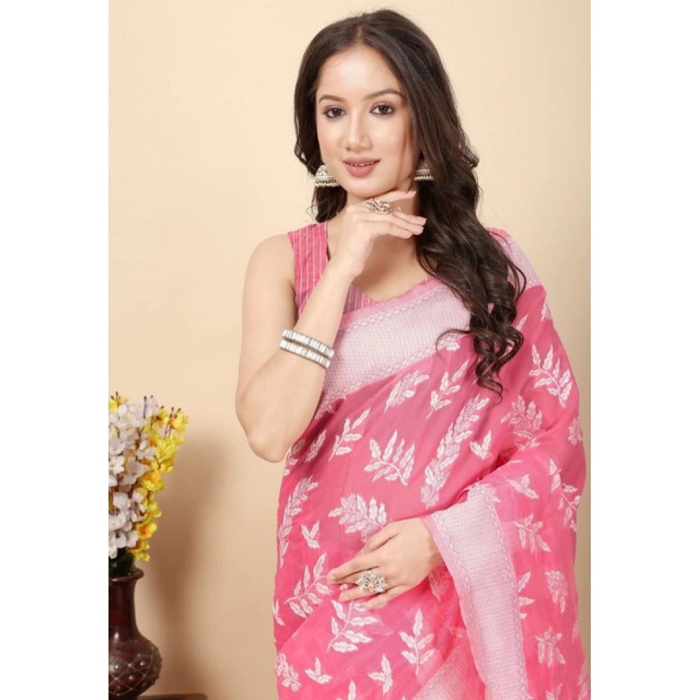 Pink art silk jacquard printed saree with unstitched blouse (5.5mtr) - vibrant traditional Indian women's wear