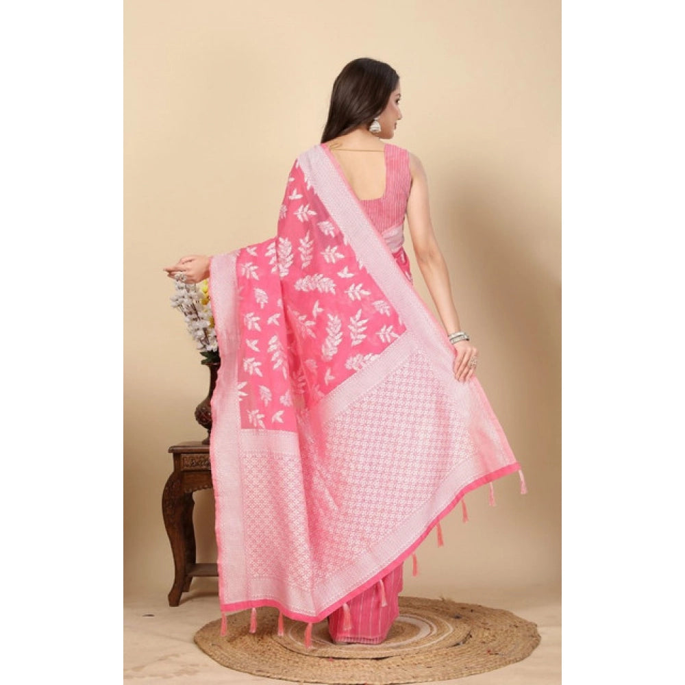 Pink art silk jacquard printed saree with unstitched blouse, 5.5mtr length on mannequin