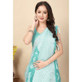 Sky blue art silk jacquard printed saree with unstitched blouse, vibrant design on display rack