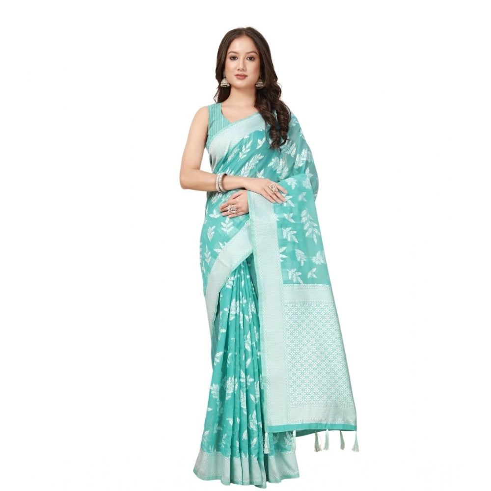 Sky blue art silk jacquard printed saree with unstitched blouse, vibrant floral patterns on a luxurious background