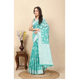 Sky blue art silk jacquard printed saree with unstitched blouse, 5.5Mtr on mannequin for Indian bridal wear